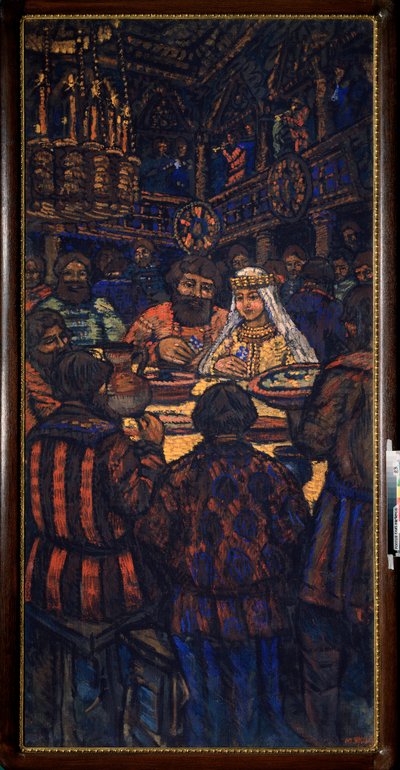 Svatba velkovévody Vladimíra I. Svjatoslaviče (známého jako Velké nebo Rudé slunce, 958-1015) (Svatba velkovévody Vladimíra I. Svjatoslaviče) Scéna svatební hostiny - Obraz Michaila Nikolajeviče Jakovleva (1880-1942), olej na plátno, kolem roku 1920 od Mikhail Nikolayevich Yakovlev