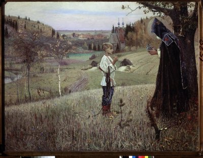 Vize mladého Barthelemyho. (Vize mládeže Bartoloměje). Setkání mezi mnichem a mladým Rusem Barthelemyem (který se měl stát svatým Sergem de Radonege nebo Sergijem Radonezhskym nebo Sergejem Radonezhskym nebo Sergejem de Radonezh, kolem 1313-1392). Vymalová od Mikhail Vasilievich Nesterov