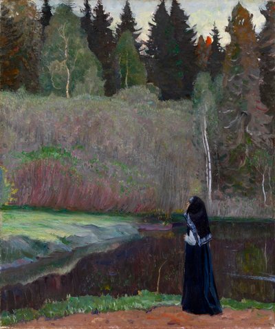 "Le chant du rossignol"" (Slavík zpívá) Jeptiška naslouchající ptačímu zpěvu - Obraz Michaila Vasiljeviče Nesterova (1862-1942) 1918 Rozměr 81x68,5 cm Soukromá sbírka od Mikhail Vasilievich Nesterov