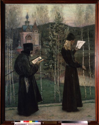 Zvony zvoní (Ringing the Bells). Dva mniši čtoucí při chůzi míří ke kostelu v pozadí. Obraz Michaila Vasiljeviče Nesterova (1862-1942), olej na plátně od Mikhail Vasilievich Nesterov