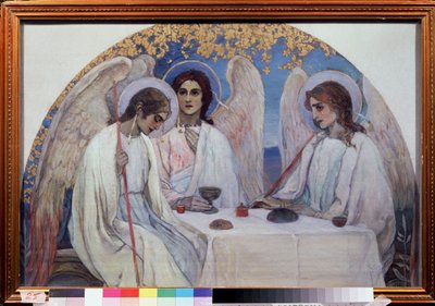 Abrahamova pohostinnost. Trojice Starého zákona. Znázornění tří andělů, kteří se zjevili Abrahamovi poblíž Chene de Mambre. (Abrahamova pohostinnost (Starozákonní Trojice). Obraz Michaila Vasiljeviče Nesterova (1862-1942), olej na plátně. od Mikhail Vasilievich Nesterov