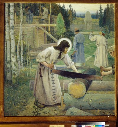 Serge de Radonege (1313-1392) - Práce svatého Sergia (Triptych, střední část) - Malba Michaila Vasiljeviče Nesterova (1862-1942) (symbolismus) Státní Treťjakovská galerie, Moskva od Mikhail Vasilievich Nesterov