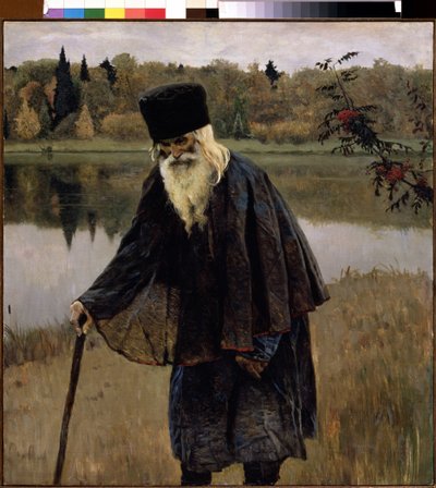Poustevník (Poustevník). Starý muž s plnovousem a bílými vlasy kráčí ohnutý o hůl po břehu jezera. Obraz Michaila Vasiljeviče Nesterova (1862-1942), olej na plátně od Mikhail Vasilievich Nesterov