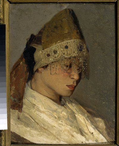 Dívka, která nosí Kokochnik (A Girl With Kokoshnik). Tradiční vysoká čelenka ruských žen, vzadu svázaná stuhami, přední strana je zdobena korálky a výšivkou. Obraz Michaila Vasiljeviče Nesterova (1862-1942), olej na dřevě od Mikhail Vasilievich Nesterov
