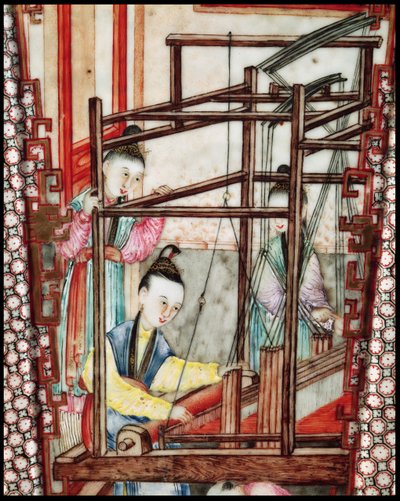 Detail z vázy zobrazující tkaní hedvábí (keramika) od Ming Dynasty Chinese School