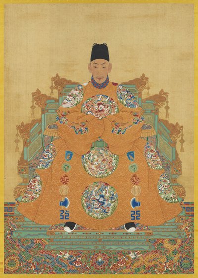 Portrét císaře Wu-tsunga z dynastie Ming (závěsný svitek, tuš a barvy na hedvábí) od Ming Dynasty Chinese School