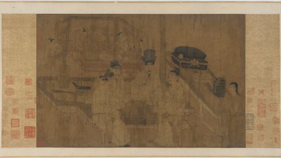 Dvojitá obrazovka: Císař Li Jing sleduje, jak jeho bratři hrají Weiqi (inkoust a barva na hedvábí) od Ming Dynasty Chinese School