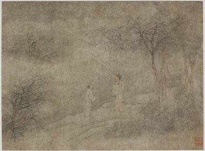 Dva muži jdoucí v mlžném háji (tuš a barva na papíře) od Ming Dynasty Chinese School