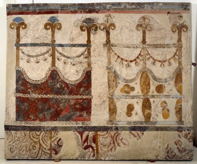 Minojská civilizace: reprezentace dvou portálů (Ikria). Freska z lustrální pánve budovy Xeste 3 v Akrotiri (Thera), Santorini od Minoan