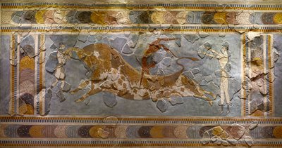 Detail fresky ve skoku býka. Nalezeno v Knossos od Minoan