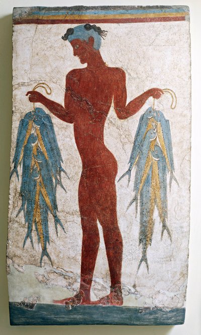Řecká civilizace, freska zobrazující rybáře, z Akrotiri, Thera, Santorini, Řecko (freska) od Minoan