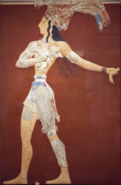 freska minoenského umění „Princ lilií“. Původní rekonstrukce z několika fragmentů nalezených A. Evansem na archeologickém nalezišti Knossos. archeologické muzeum v Heraklionu. Tato rekonstrukce je nejistá. Knossos, Kréta. od Minoan