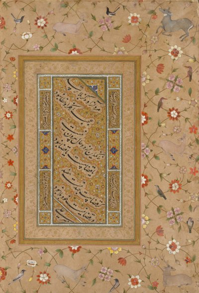 Stránka z alba Late Shah Jahan: Perská kaligrafie orámovaná okrasným okrajem květin a ptáků od Mir 