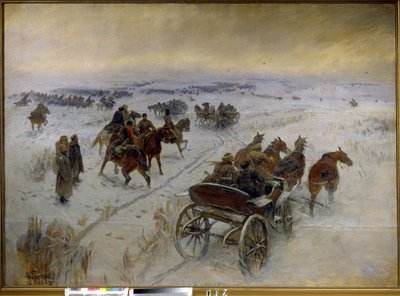 Bitva u Yegorlykskaya (Rusko). Epizoda ruské občanské války (1917-1923), konfrontace kavalérie Rudé armády a Bílé armády na zasněžených pláních. Obraz Mitrofana Borisoviče Grekova (1882-1934), olej na plátně od Mitrofan Borisovic Grekov