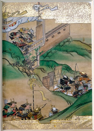 Epizoda imperiálních bojů v Japonsku (1308-1368). Miniatura školy Tosa (17. století) se zlatými listy a perlorodkou ústřic. Soukromá sbírka od Mitsuhiro (after) Tosa