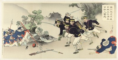 V oblasti Chinchon pět vojenských inženýrů vyhostí více než sto čínských vojáků Chinsen chihô ni gomei no Nihon kôhei Shinhei hyakuyonin kitai od Mizuno Toshikata
