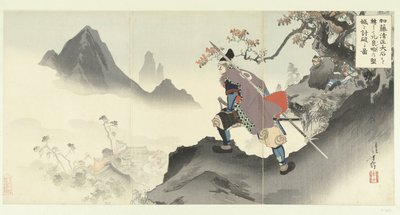 Kato Kiyomasa ničí a zabírá Orangaiův palác tím, že se valí dolů z balvanu. Kato Kiyomasa oishi korogashite Orankai no kenjo o uchiyaburu zu. (název na objektu) od Mizuno Toshikata