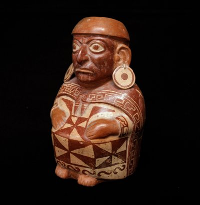 Předkolumbijské umění, mochická civilizace (ošklivá): váza představující „“Textil“ – 200 př. n. l. – 700 n. l. Lima, Národní muzeum antropologie a archeologie, Peru – předkolumbovské umění, civilizace Moche (kultura Mochica), antropomorfní láhev: reprezent od Moche Moche