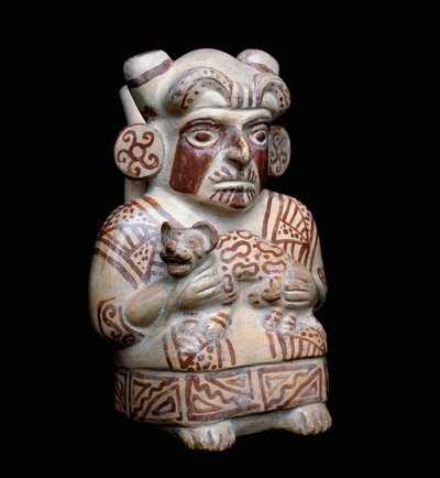 Předkolumbovské umění, moche civilizace (ošklivá, mocika): náčelník Mochica s kočkou v náručí. Antropomorfní hliněná váza. 200 př. n. l. – 700 n. l. Lima, Národní muzeum antropologie a archeologie, Peru od Moche Moche