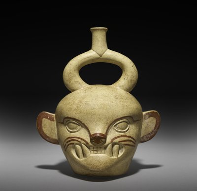 Nádoba ve tvaru kočičí hlavy, AD 100-800 (hliněné nádobí se skluzem) od Moche Moche