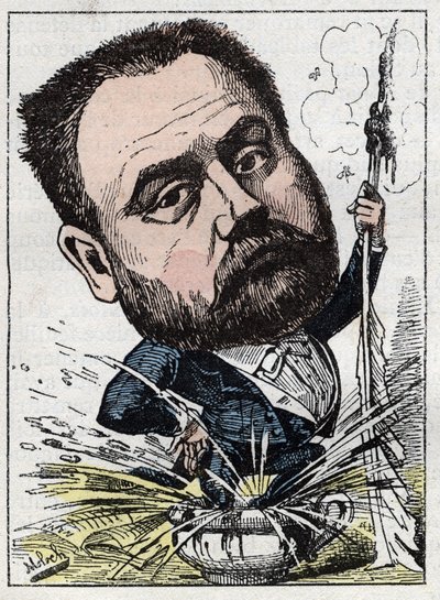 Portrét Emila Zoly (1840-1902) francouzského spisovatele v „“Le Trombinoscope““ od Touchatout, karikatura B. Molocha z roku 1882 (1849-1909). Soukromá sbírka. od Moloch