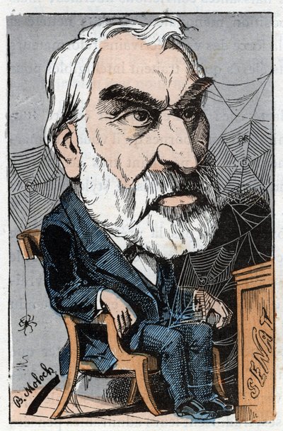 Eugene Pelletan (1813-1884), francouzský literární novinář a politik v „Le Trombinoscope““ od Touchatout, karikatury B. Molocha z roku 1882 (1849-1909). Soukromá sbírka. od Moloch