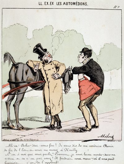 ON. EX. EX. Motoredons: Cartoon dopravy ve městě. Buržoa, který požádal trenéra, aby ho odvezl na Gare de l