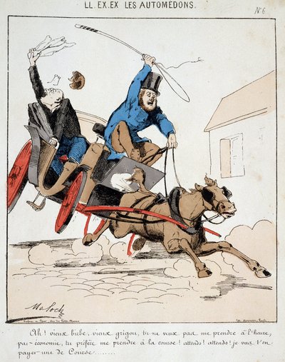 ON. EX. EX. Motoredons: Cartoon dopravy ve městě. Kočí vede buržoaze ve všech tempech ve městě pod záminkou, že mu odmítá zaplatit včas, ale chce mu zaplatit za závod. Kresba Molocha (1849-1909), kolem roku 1860. od Moloch