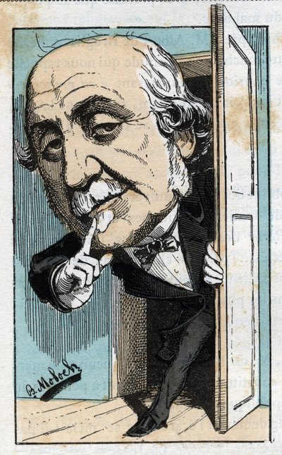 Portrét Alberta, vévody z Broglie (1821-1901), francouzského historika a politika v „Le Trombinoscope““ od Touchatout, karikatura B. Molocha z roku 1882 (1849-1909). Soukromá sbírka. od Moloch
