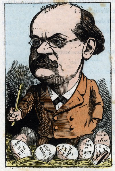 Portrét Alexandra Charlese Lecocqa (1832-1918), francouzského skladatele v „“Le Trombinoscope““ od Touchatout, karikatura B. Molocha z roku 1882 (1849-1909). Soukromá sbírka. od Moloch