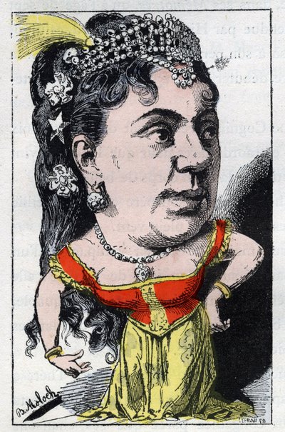 Portrét Emmy Valladon dit Theresa (1837 -1913) zpěvačky francouzského kabaretu v „“Le Trombinoscope““ od Touchatout, kreslený film B. Molocha z roku 1882 (1849-1909). Soukromá sbírka. od Moloch