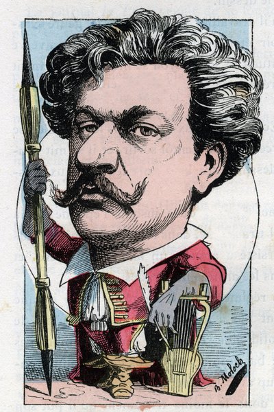Portrét Louise Alexandra Gosset de Guines dit Andre Gill (1840 - 1885) francouzský básník malíř v „“Le Trombinoskop““ od Touchatout, kreslený film B. Molocha z roku 1882 (1849-1909). Soukromá sbírka. od Moloch