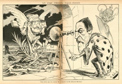 Obraz pro smích, číslo 4, cca 1897_11_13 - Ilustrace Alphonse Hector Columbus, známý jako B. Moloch nebo Moloch (1849-1909): Neznámý anděl - Dreyfusova aféra, Ostrov ďábla - Dreyfus Alfred, Scherer-Kestner Auguste od Moloch