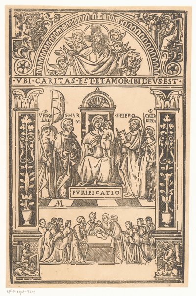 Marie s dítětem a svatými Svatý rozhovor Sacra Conversazione od Monogrammist AM (prentmaker 16e eeuw)