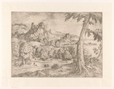 Panoramatická krajina s velkým stromem od Monogrammist DB (etser 16de eeuw)