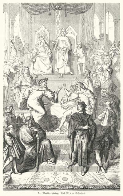 Sangerkrieg, soutěž mezi pěvci na hradě Wartburg v Durynsku v roce 1207 (rytina) od Moritz Ludwig von (after) Schwind
