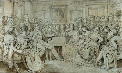Večer u barona Spauna, Schubert u klavíru, zpívá tenorista Johann Michael Vogl... (tuš, sépie) od Moritz Ludwig von Schwind