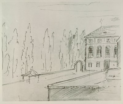 Fasáda domu Haus zum goldenen Mondschein u vídeňského kostela Karlskirche, kde Schwind žil ... od Moritz Ludwig von Schwind