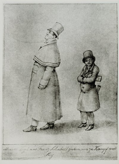Johann Michael Vogl a Franz Schubert kráčejí k bitvě a vítězství... (rytina) od Moritz Ludwig von Schwind