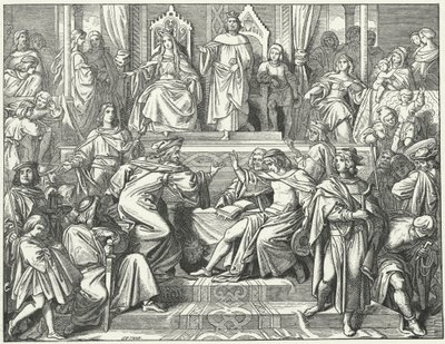 Sangerkrieg, soutěž mezi pěvci na hradě Wartburg v Durynsku v roce 1207 (rytina) od Moritz Ludwig von Schwind