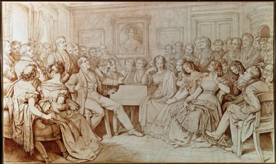 Skladatel Franz schubert doprovází tenoristu Johanna Michaela Vogla na hudebním večeru v Baron von Spaun (Kresba od Moritz Ludwig von Schwind