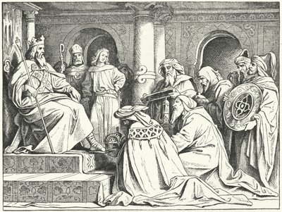 Vyslanci chalífy Harúna al-Rašída přinášející dary císaři Karlu Velikému, 802 (rytina) od Moritz Ludwig von Schwind