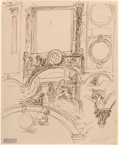 Architektonické detaily nástěnné dekorace s císařovnou Marií Terezií v objetí mladého Wolfganga Amadea Mozarta od Moritz Ludwig von Schwind