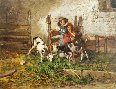 Děti a kozy ve stodole, od Mose Bianchi