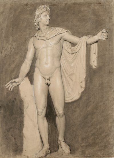Odlitek Apollo Belvedere (černobílá křída s mytím na papíře) od Moseley Danforth