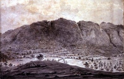 Panoramatický pohled na Derwentwater a údolí Keswick, detail hor, kolem 1772 (tužka a pero na papíře) (viz 92086-90) od Moses (attr. to) Griffith