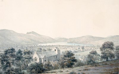 Pohled na jezírko Bala Pool, Llyntagit, z kostela Llanfawr, Meirionethshire od Moses Griffith