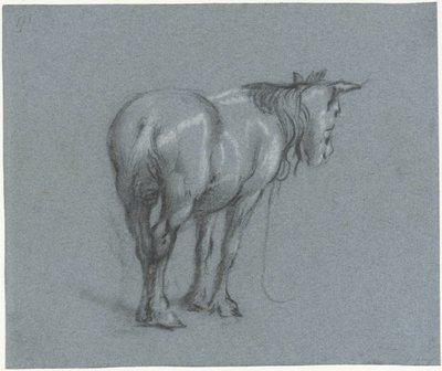 Studie koně zezadu, vpravo Stojící pracanti (název série) od Moses Ter Borch