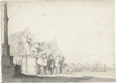 Tržní náměstí s hlasatelem na sudu od Moses ter Borch (possibly)