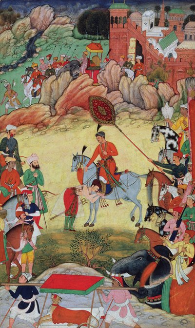 Adham Khan vzdávající hold Akbarovi v Sarangpur, střední Indie, v roce 1560 nebo 1561, z Akbarnamy, 1590-98 od Mughal School